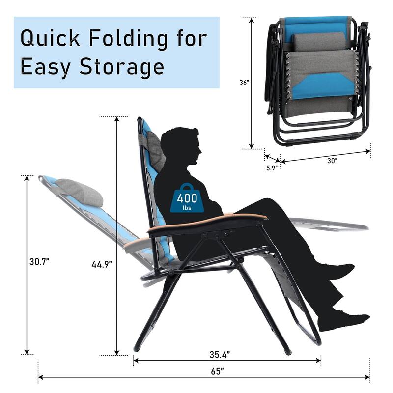 Oversized Padded Zero Gravity Chair, Foldable Patio Recliner, 30" Wide